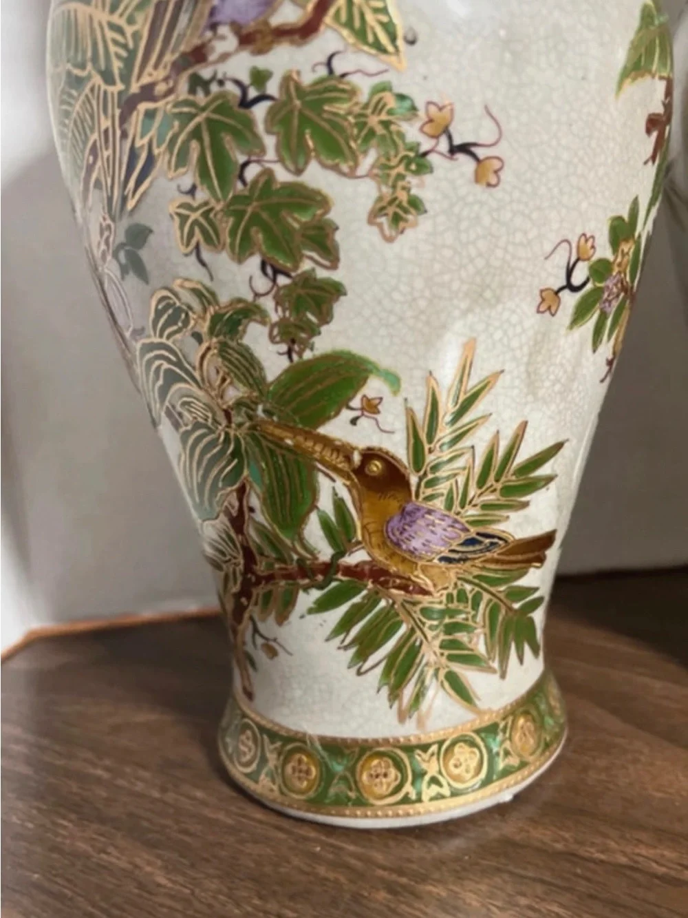 Hand painted  Ceramic Vase with Green and Gold Bird Motif - Satsuma Style